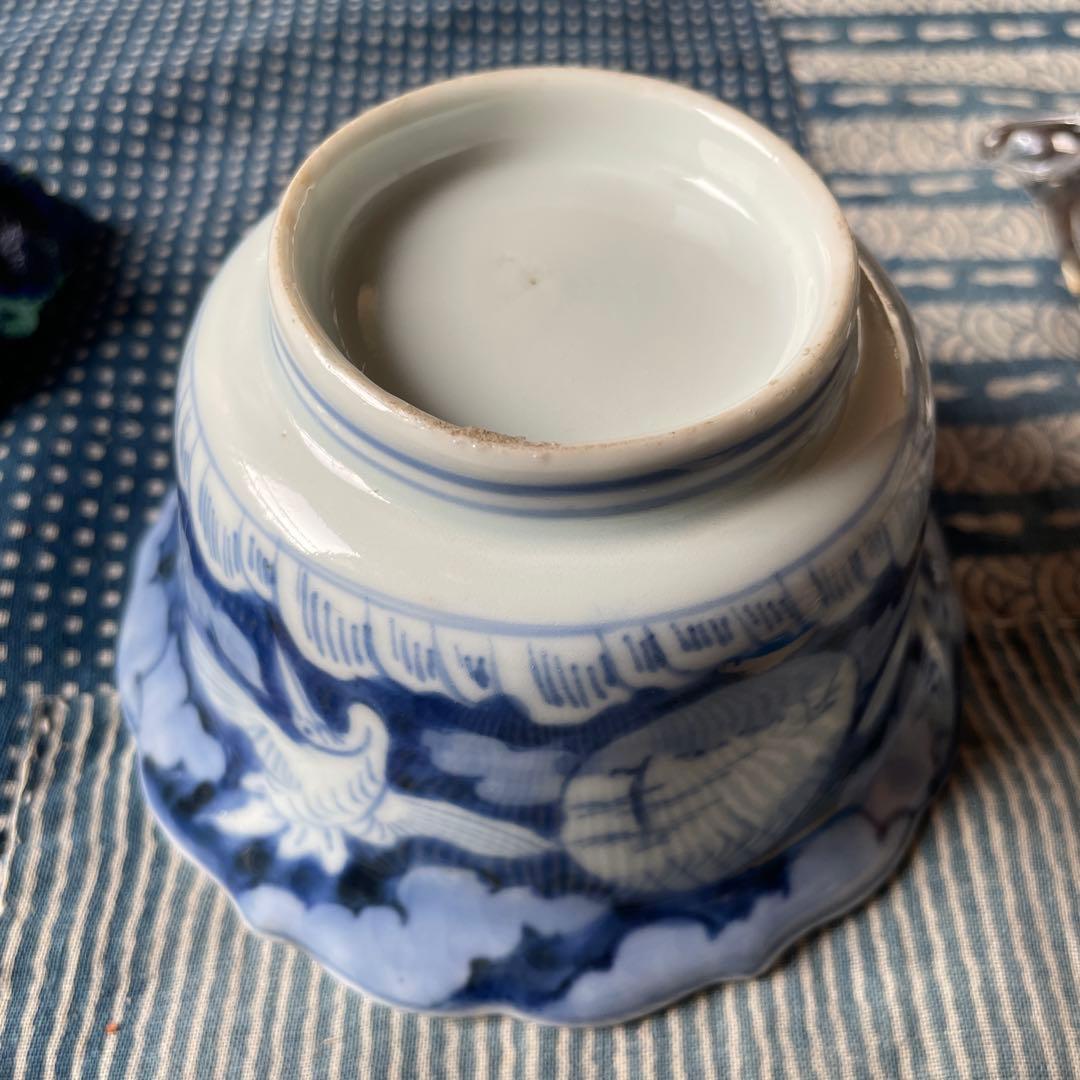 古伊万里 染付 雲鶴文 輪花小鉢完品