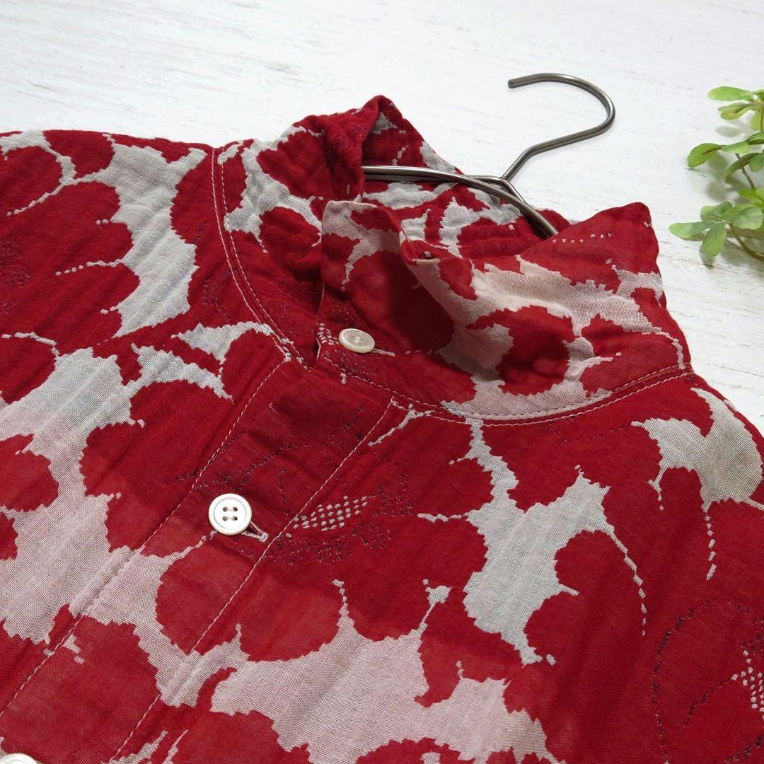 【美品】プランテーション 花柄 スタンドカラー 長袖 シャツ ゆったり M