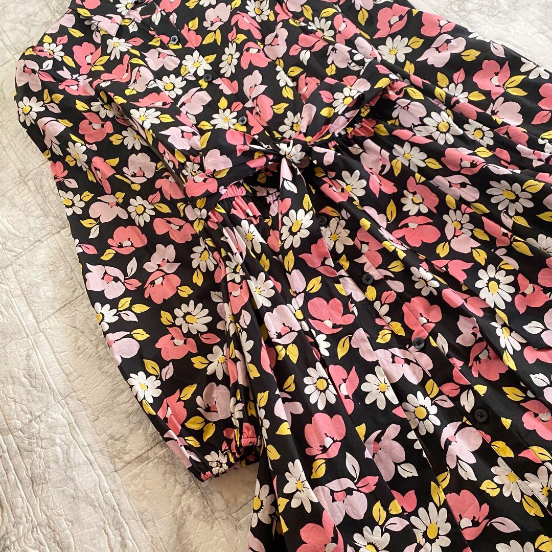 ケイトスペード　ワンピース　シャツ　花柄　リボン　フレア　ピンク　ブラック