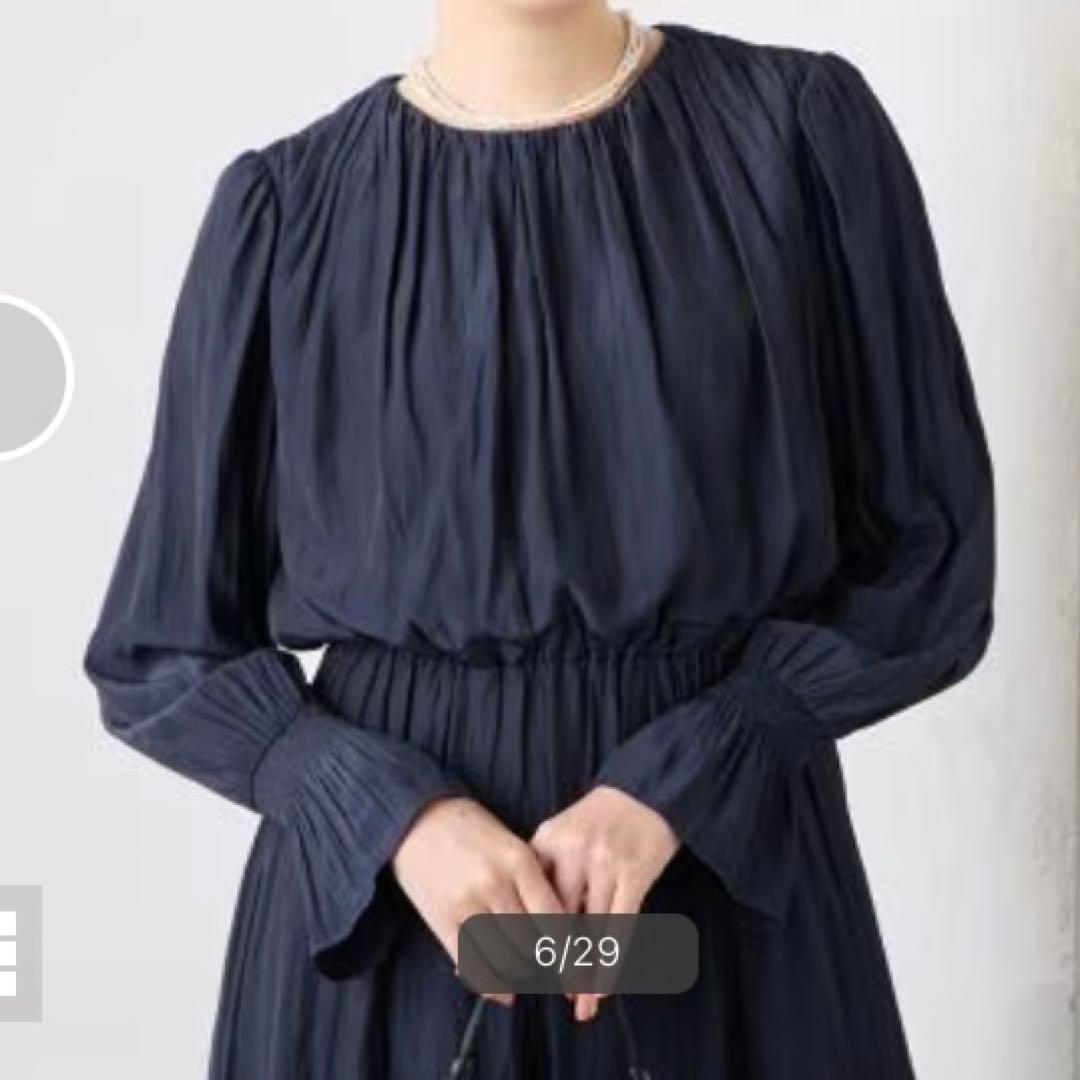 美品　ノーリーズ　ウォッシャブル割繊2WAYギャザーワンピース　紺　913