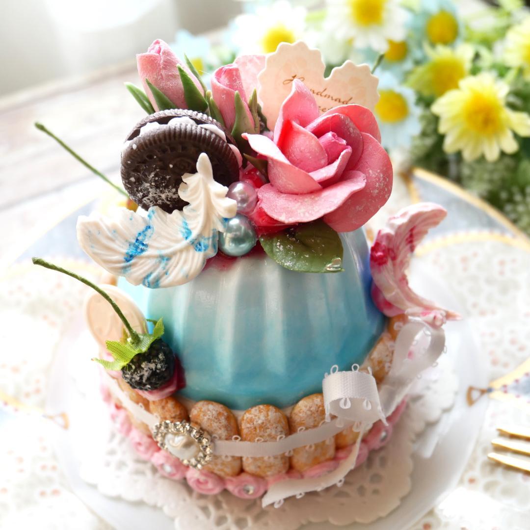 【RAMஐ*゜様】フェイクスイーツ◆水色ムース♡薔薇飾りプリンセスシャルロット◆