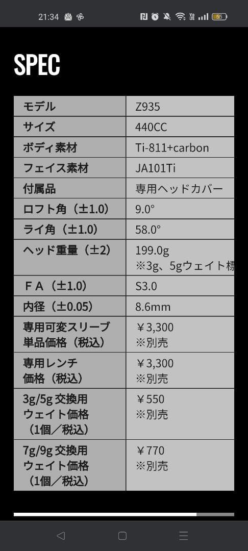 ゾディア Z935ツアードライバー