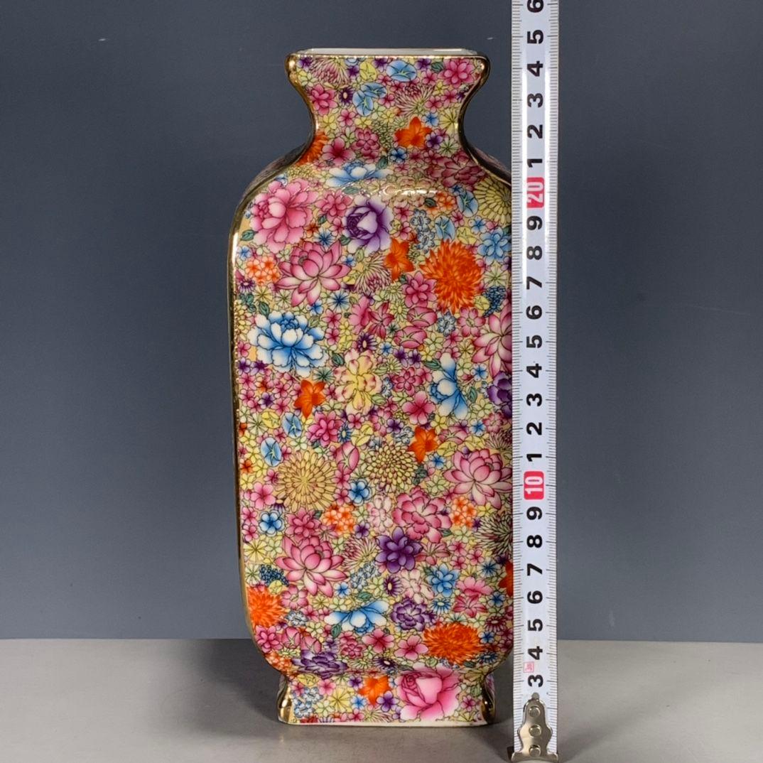 年制琺瑯彩万花彩四方花瓶工芸品 陶磁器 装飾品 花瓶 花器 美品 置物 陶芸