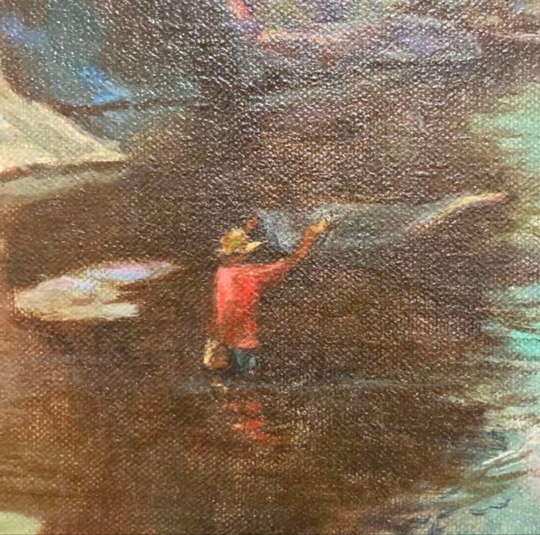【一点物・油絵】渓谷で投網を打つ風景画 インテリアに最適
