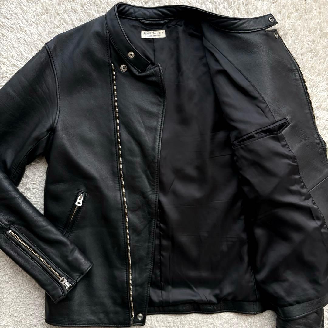 ★羊革★ UNITED ARROWS セミダブル ライダース ダブルジップ 黒