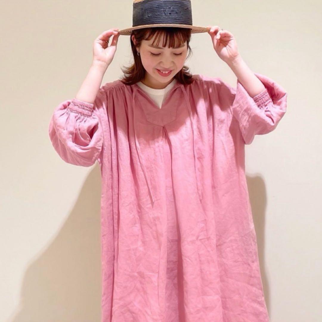 tumugu: ⿻ リネン キャンバス カフタンワンピース ピンク ナチュラル