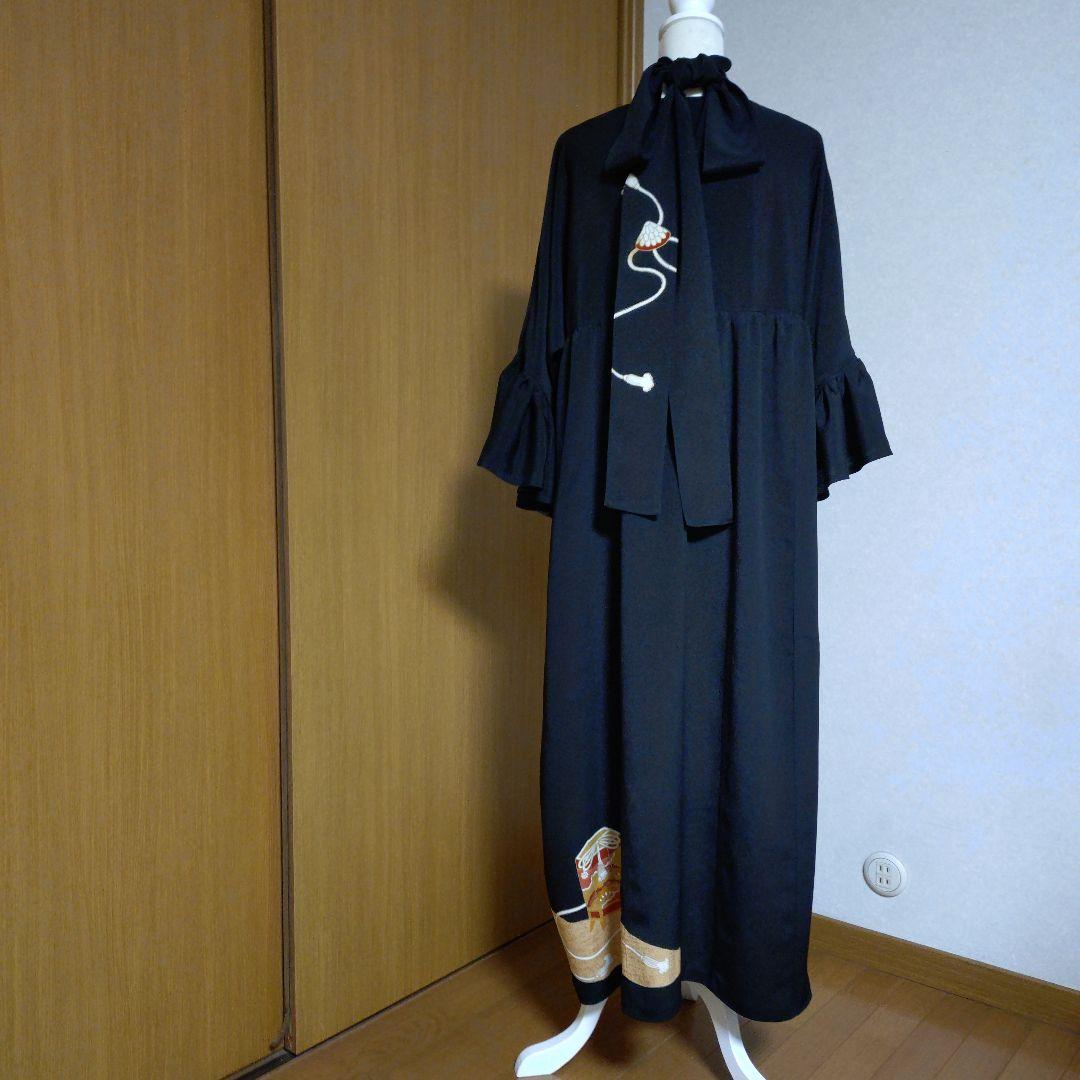 正絹黒留袖✤ゆったりロングワンピース✤フリル袖ドレス✤シルクのペチコート付