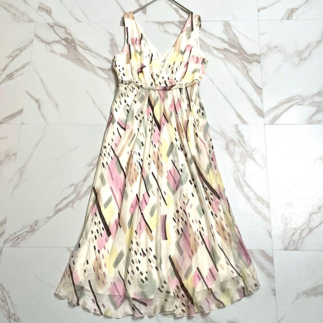 MAX&Co. シルク ロングワンピース M 絹 花柄 Aライン フレア 青