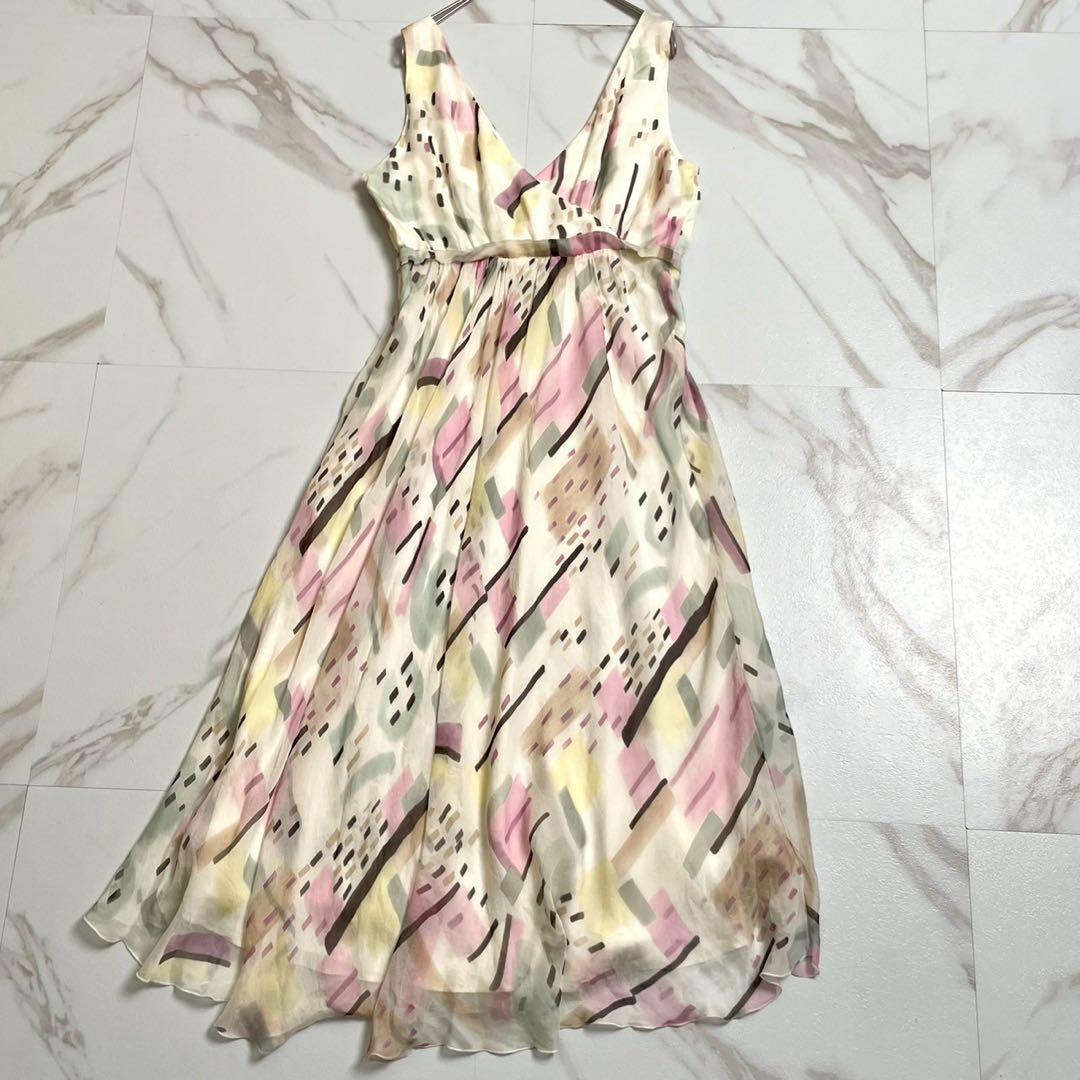 MAX&Co. シルク ロングワンピース M 絹 花柄 Aライン フレア 青
