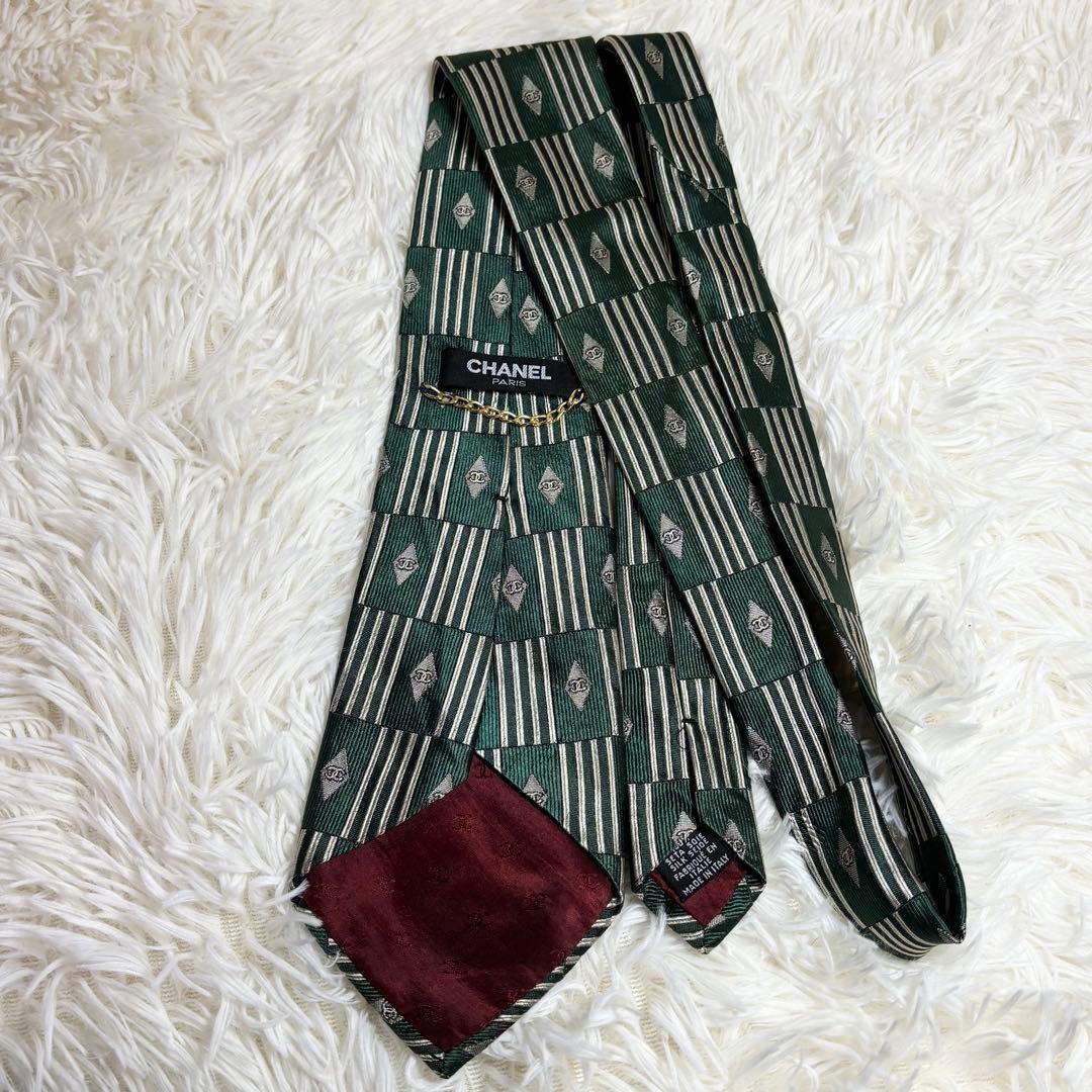 【極美品】CHANEL ネクタイ　ココマーク　深緑　CC柄