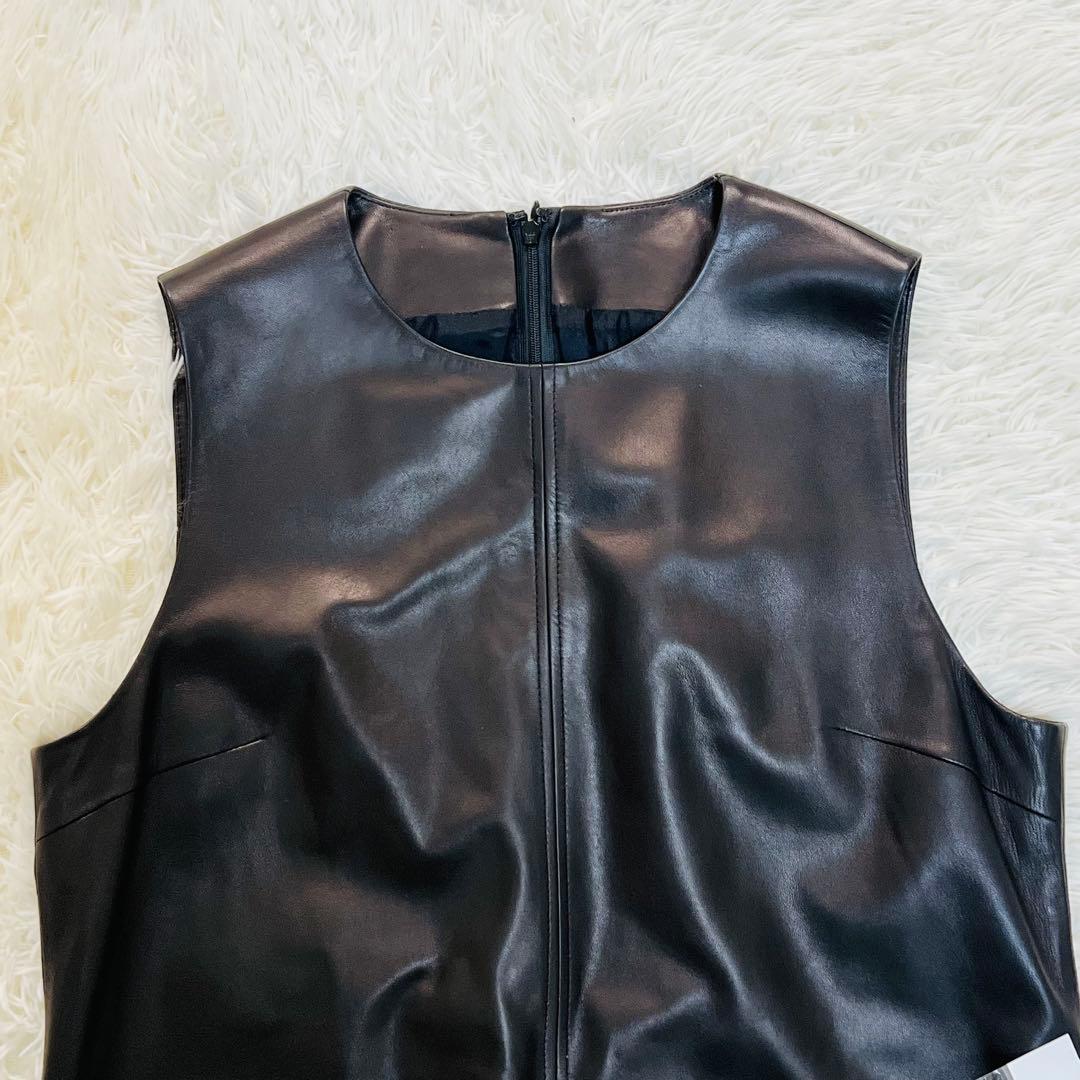 大きいサイズ　ダーマコレクション ラムレザー ワンピース ノースリーブ ベルト