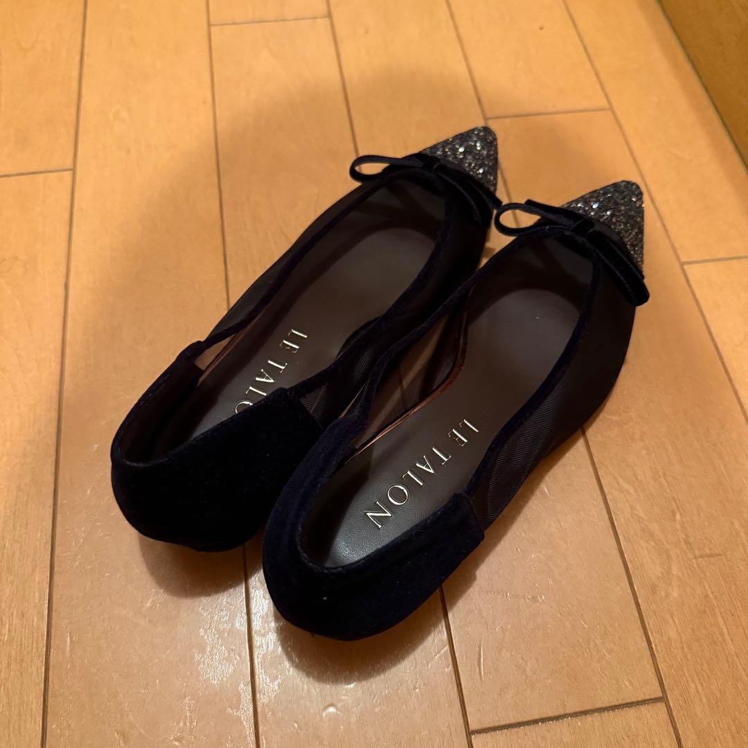 【美品】LE TALON ポインテッドトゥキャップチュールバレエ　ネイビー