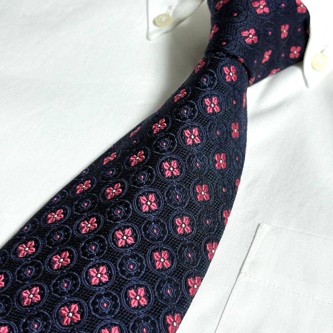 Paul Smith ネクタイ ダークネイビー 花柄系 ドット柄 総柄