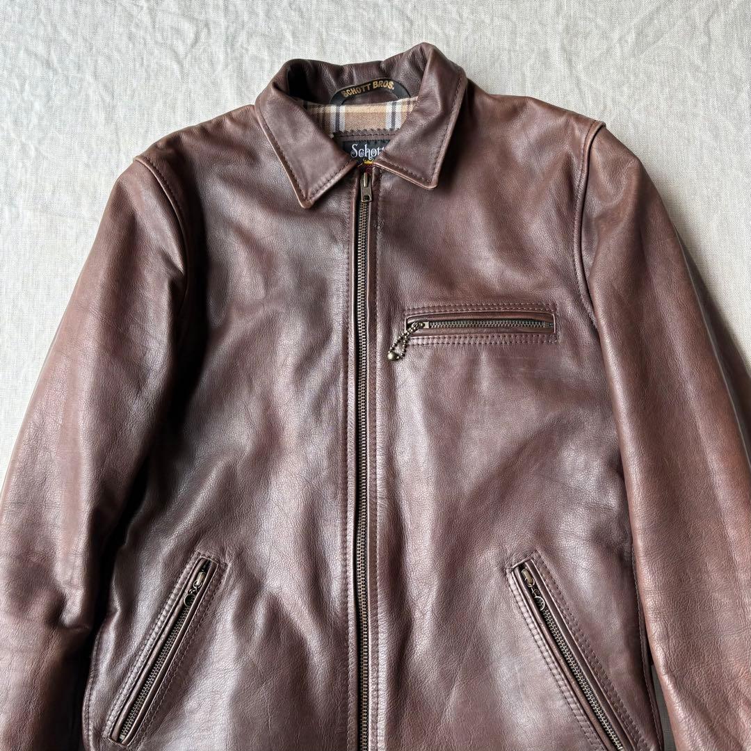 Schott シングルライダース カウハイドレザー 牛革 裏地チェック ブラウン