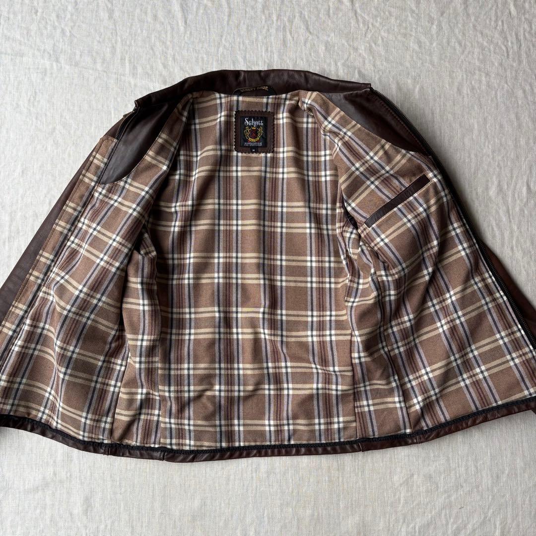 Schott シングルライダース カウハイドレザー 牛革 裏地チェック ブラウン