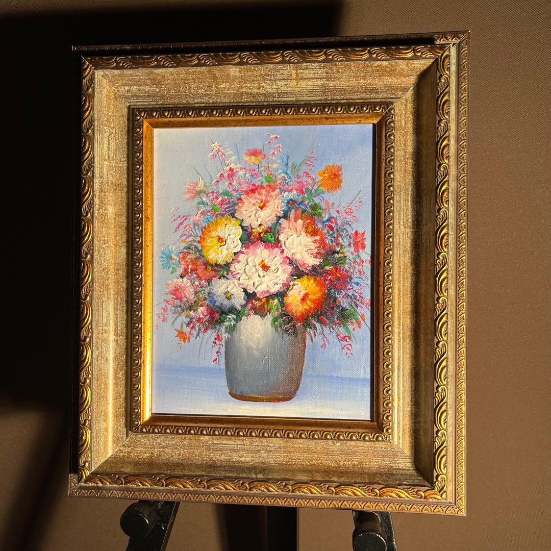手書き油絵 花瓶の花 額付 絵画 インテリア 油彩画