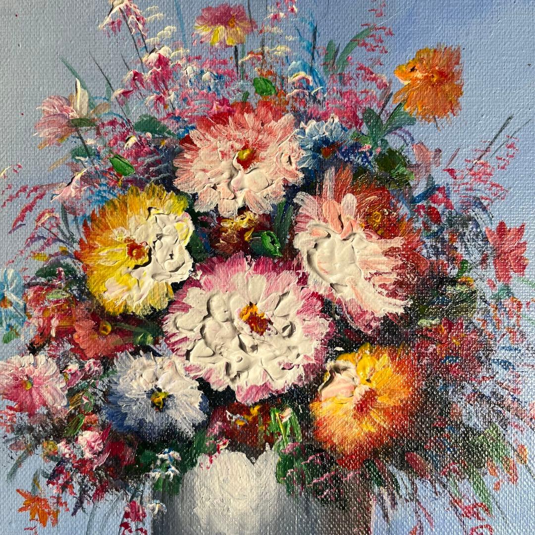 手書き油絵 花瓶の花 額付 絵画 インテリア 油彩画