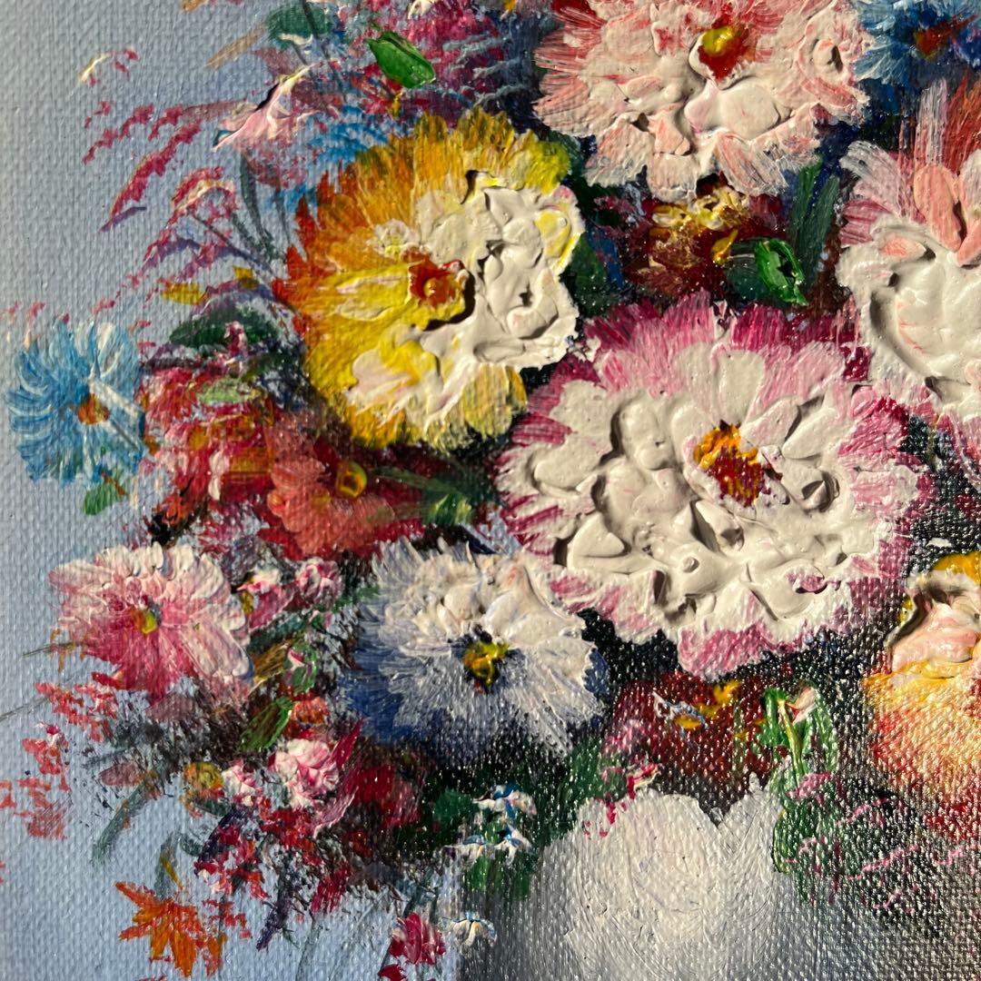 手書き油絵 花瓶の花 額付 絵画 インテリア 油彩画