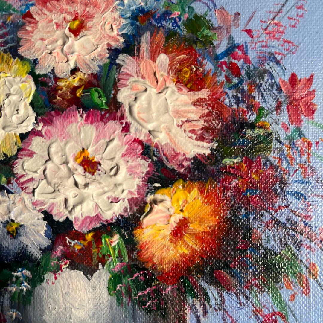 手書き油絵 花瓶の花 額付 絵画 インテリア 油彩画