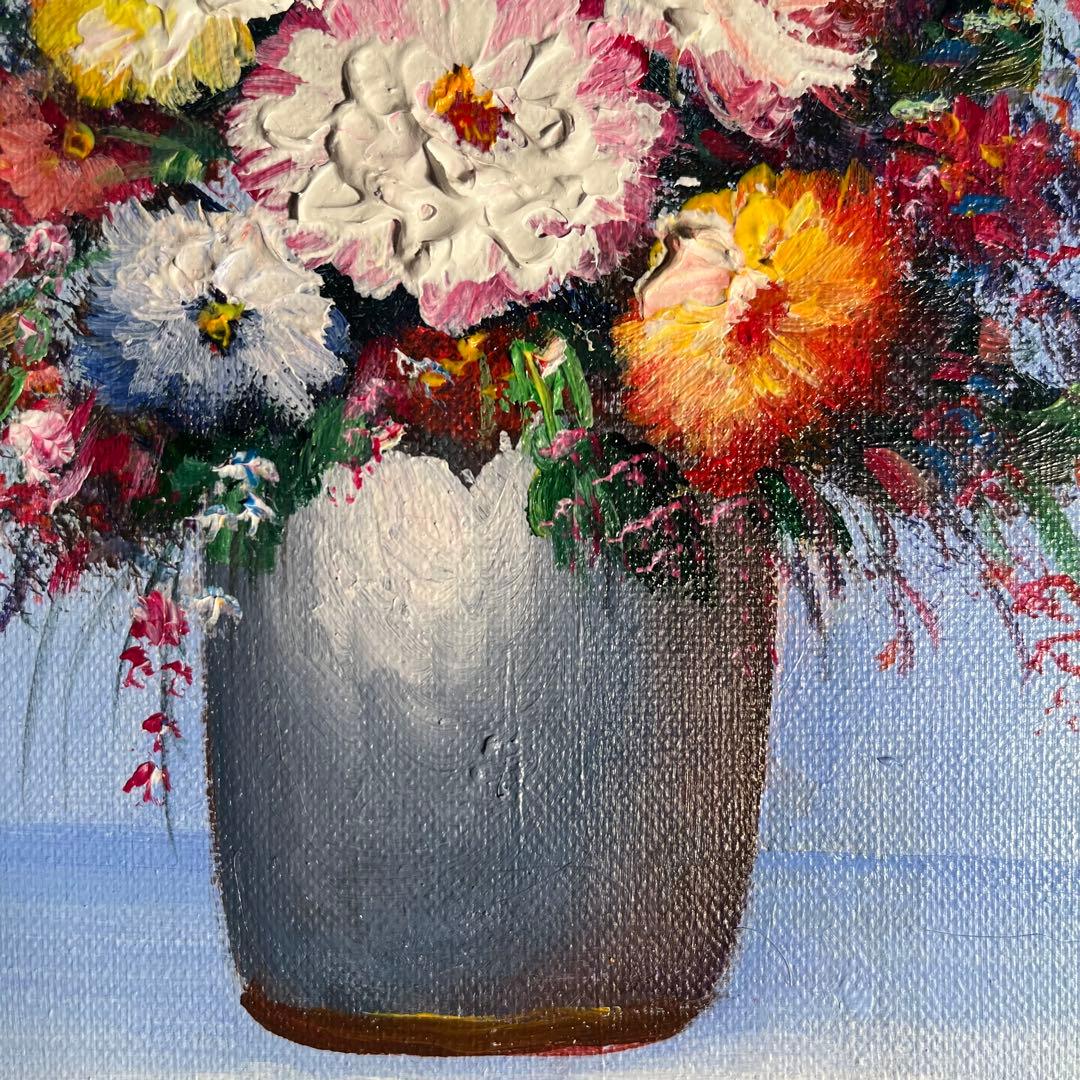 手書き油絵 花瓶の花 額付 絵画 インテリア 油彩画