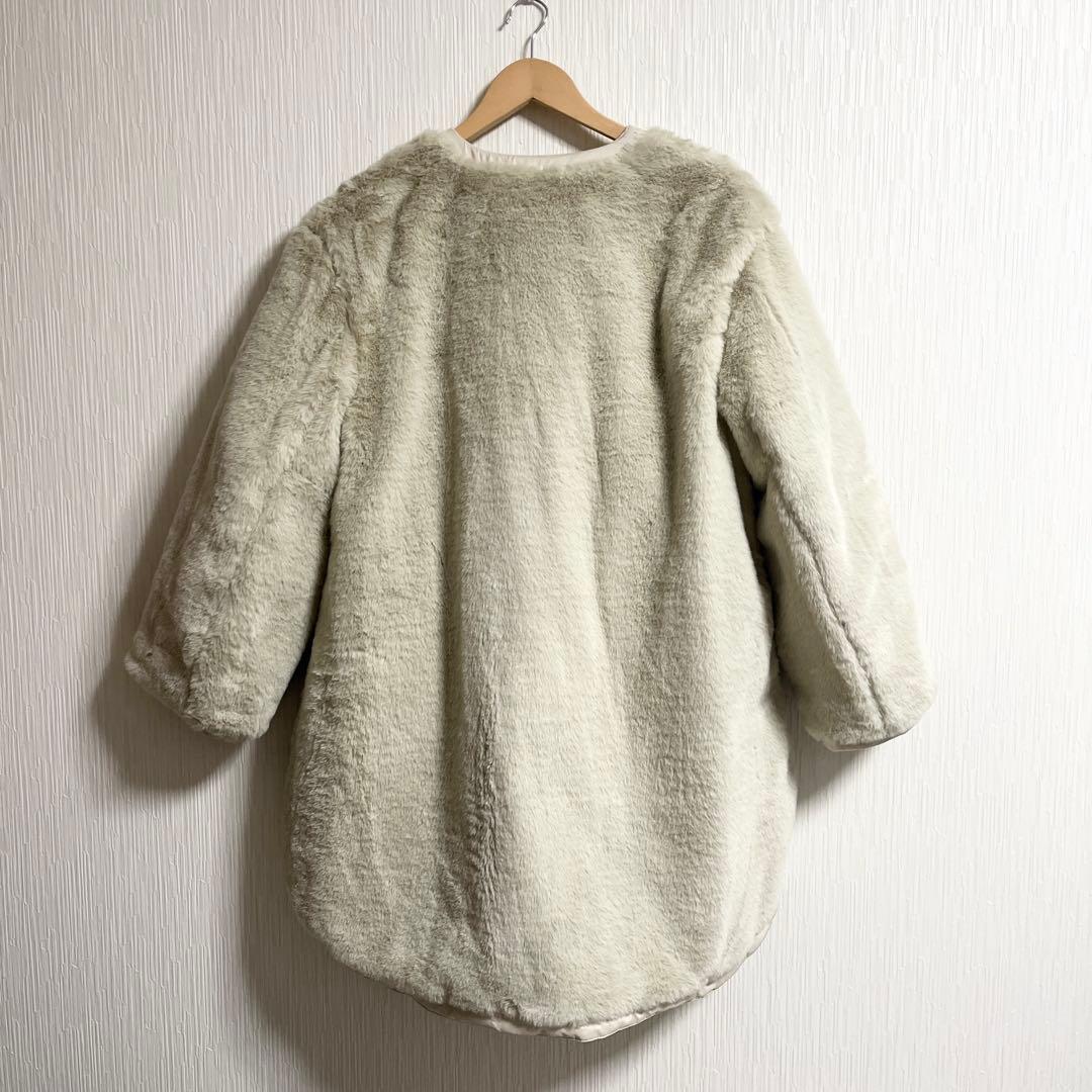 美品　ミラオーウェン　エコファーリバーシブル ノーカラー キルティング　コート