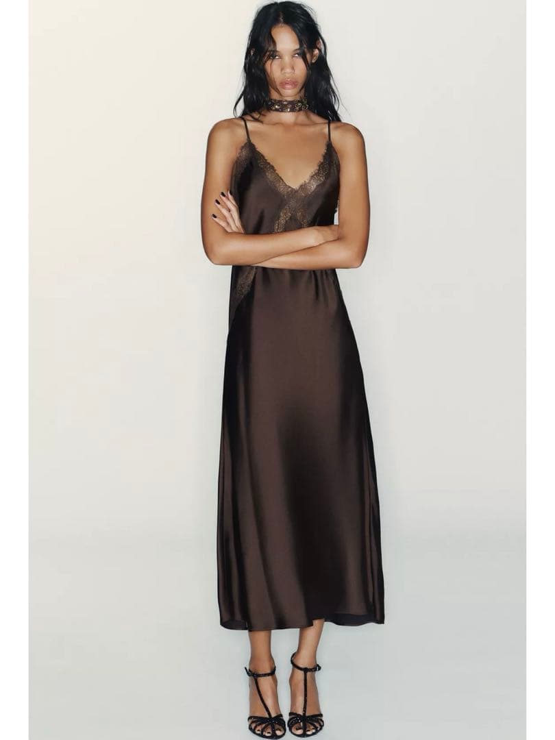 レースディテール サテン地 ミディ丈 ワンピース ZARA ブラウン 茶色