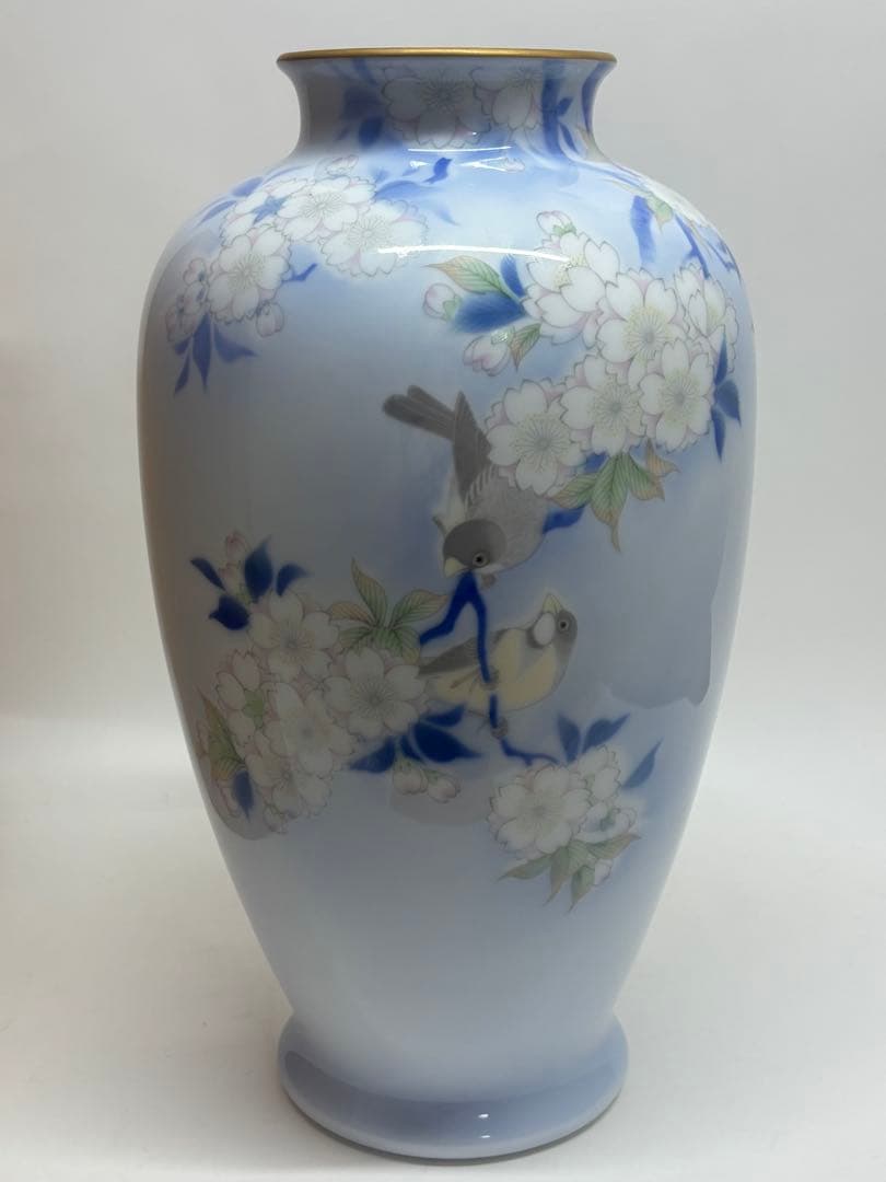 深川製磁　桜と鳥　花瓶　木箱付き