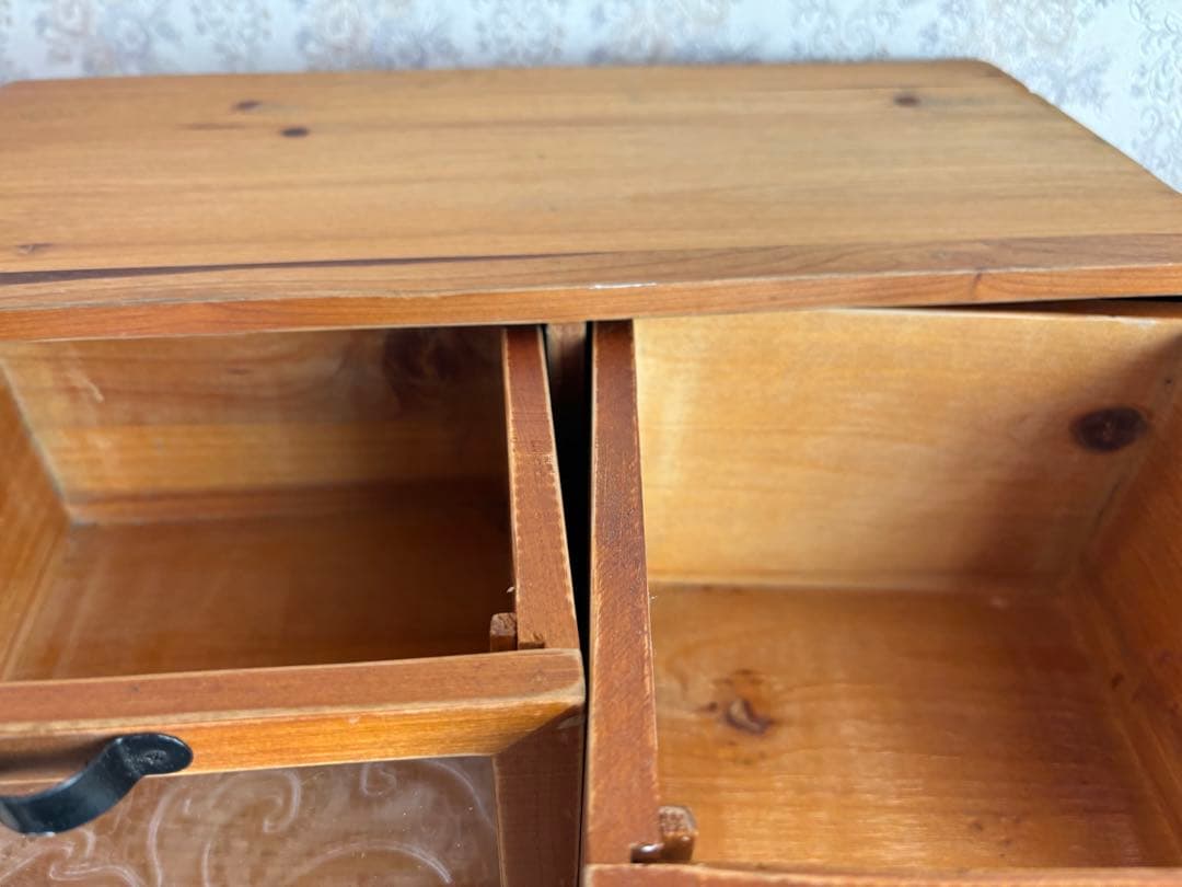 昭和レトロ！パイン　木製　ミニ引き出し　チェスト　ガラス