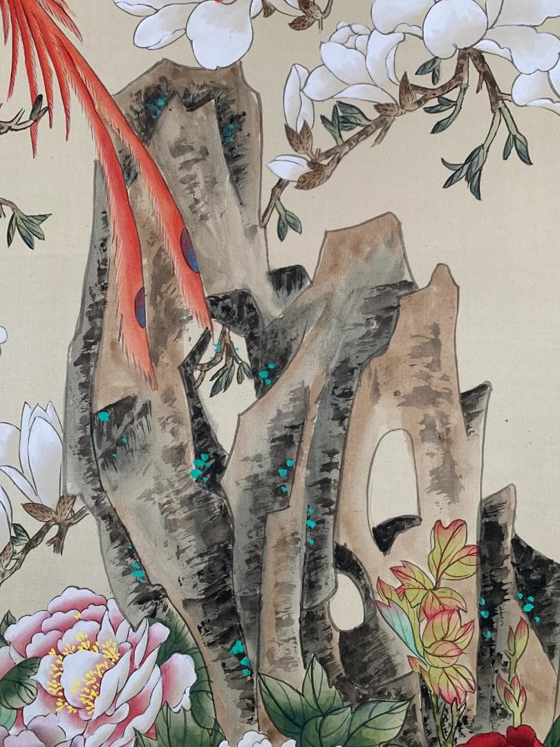 紫雲筆 着色 玉堂富貴 花鳥図 絹本 掛軸 中国画 685