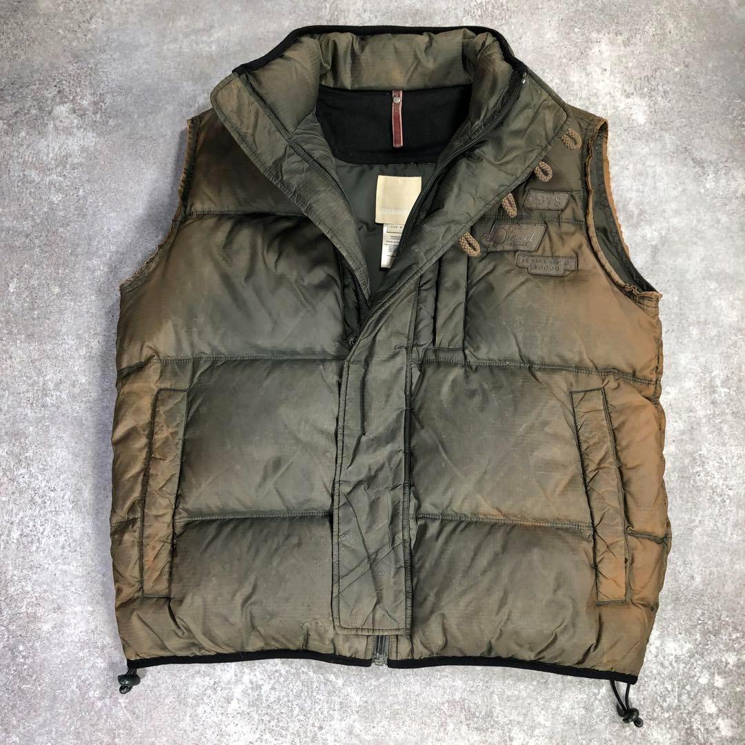 00s DIESEL アーカイブ　ダウンベスト【M】カーキ　ヴィンテージ加工