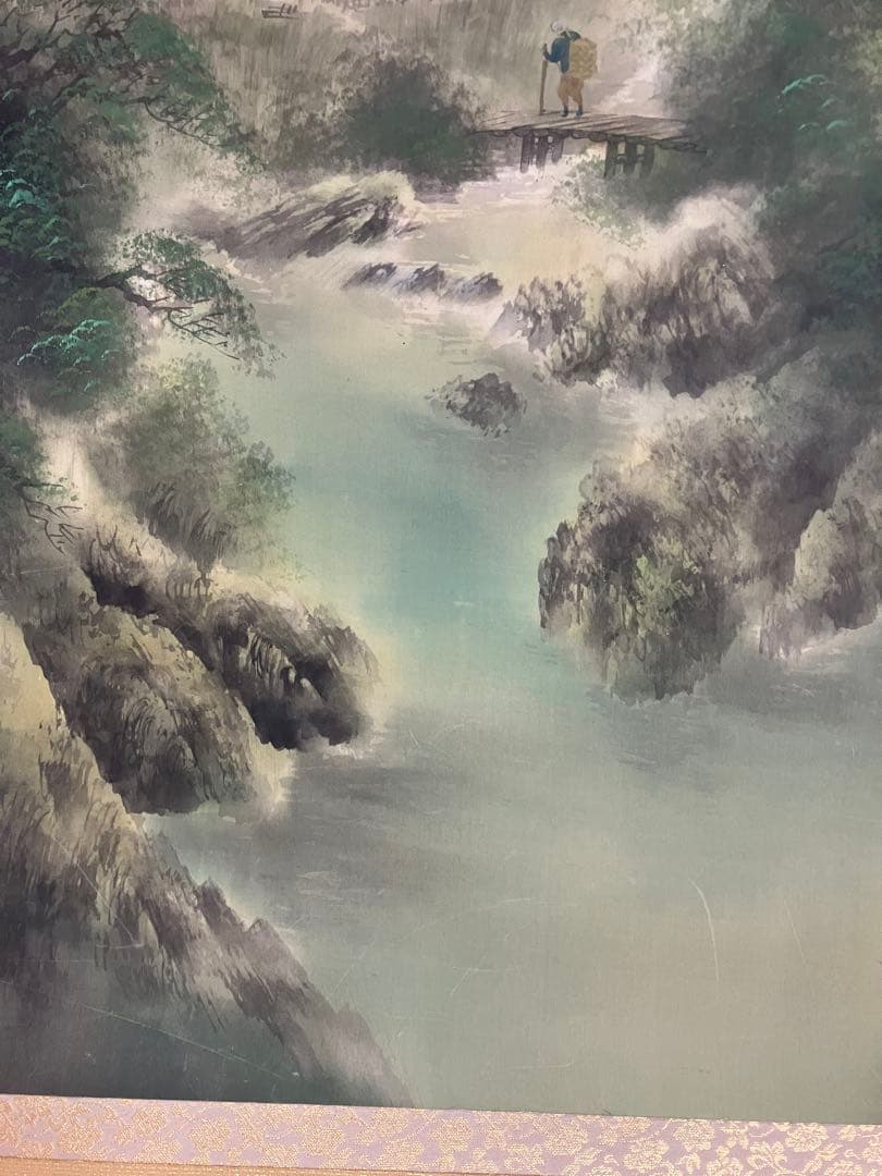 武山　掛軸 古美術 掛け軸 彩色山水 風景画 山岳 河川