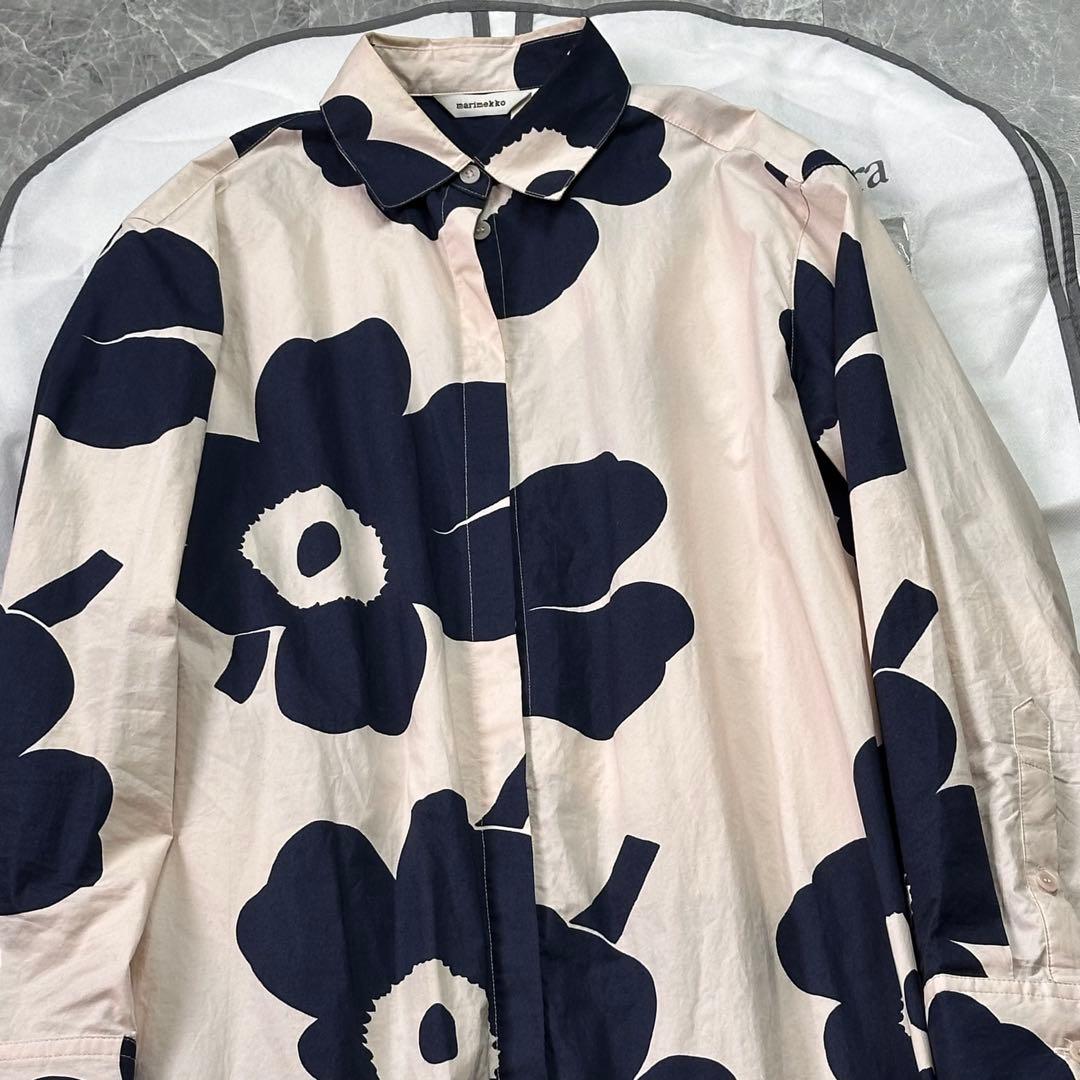 マリメッコ♡ロングシャツワンピース ウニッコ 大花柄 ベージュ ネイビー 38