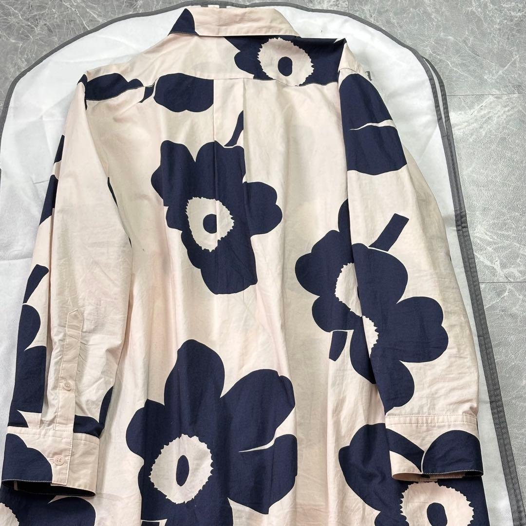 マリメッコ♡ロングシャツワンピース ウニッコ 大花柄 ベージュ ネイビー 38