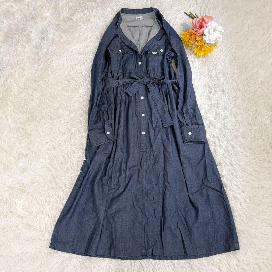 Lee デニム　シャツワンピース　ロング　ベルト　バンドカラー　ギャザー