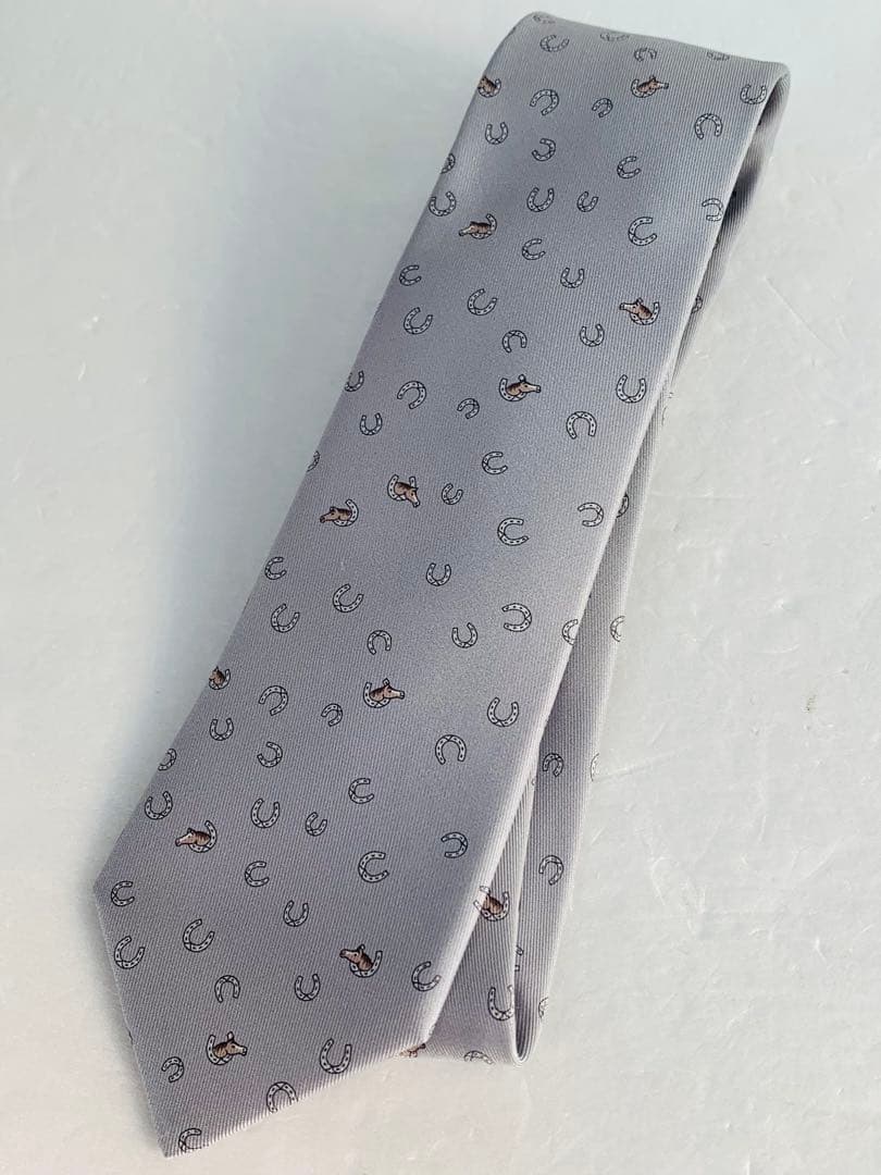 【極美品】エルメス　シルク　ネクタイ　馬蹄柄　グレー