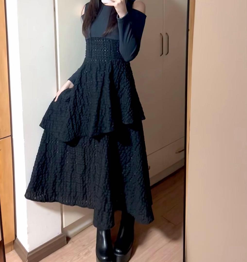 美品dazzlin バックリボンティアードコンビワンピース