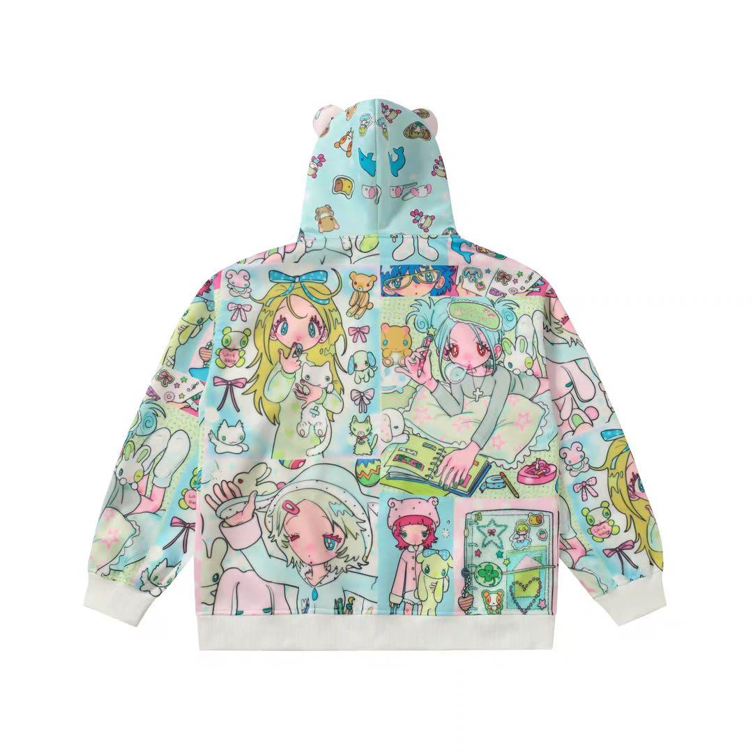 Blackberry × 鳥鳥一 クマ耳 プリント柄パーカー Y2k アニメ風