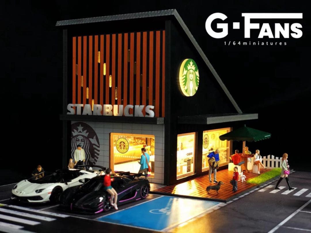 スターバックス ジオラマ 点灯 組立式　駐車場付き 1/64ミニカーガレージ