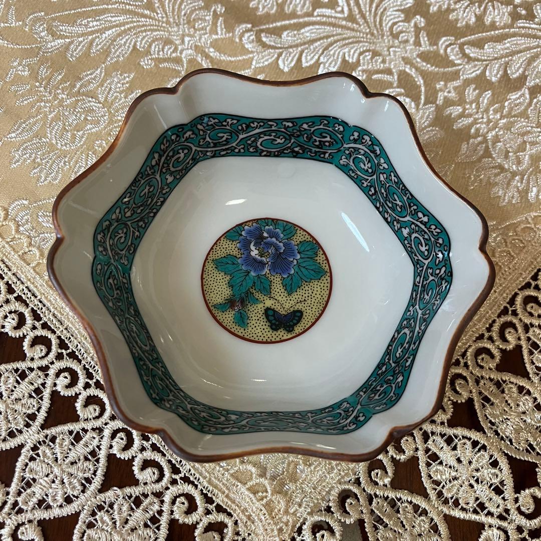 美品 九谷焼 仙峰窯 小鉢揃 5枚セット 輪花鉢 六角鉢 吉田屋 蛸唐草 和食器