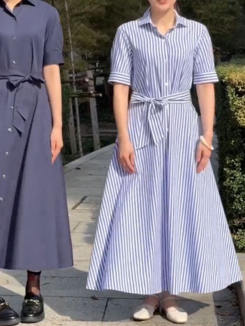 鎌倉シャツ　青と白のストライプ シャツワンピース 半袖