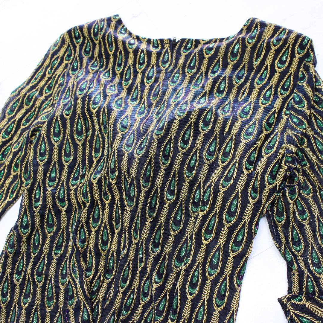 【美品社交ダンス衣装】ワンピース ドレス クジャク 黒 緑 グリーン ラメ 黄色