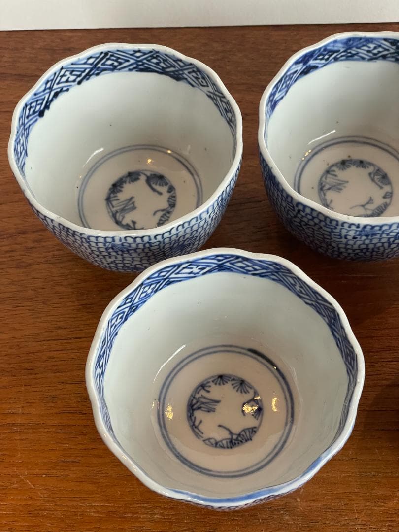 江戸~明治期 有田 古伊万里 開運 蝙蝠 微塵 唐草 蕎麦 猪口 小鉢 5客
