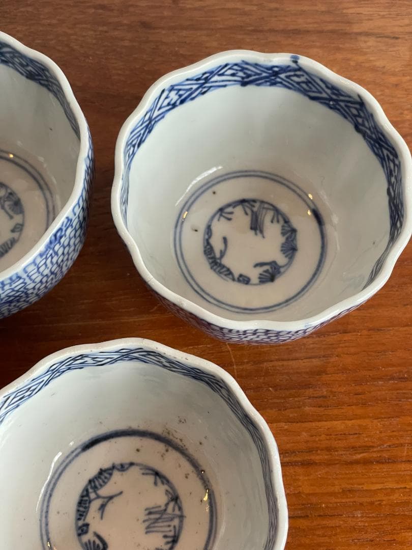 江戸~明治期 有田 古伊万里 開運 蝙蝠 微塵 唐草 蕎麦 猪口 小鉢 5客