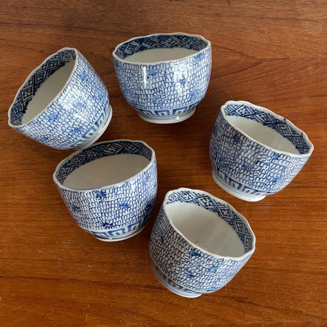 江戸~明治期 有田 古伊万里 開運 蝙蝠 微塵 唐草 蕎麦 猪口 小鉢 5客