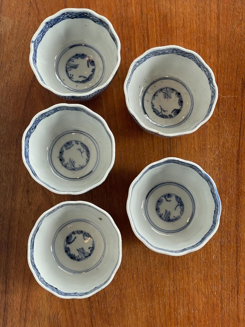江戸~明治期 有田 古伊万里 開運 蝙蝠 微塵 唐草 蕎麦 猪口 小鉢 5客