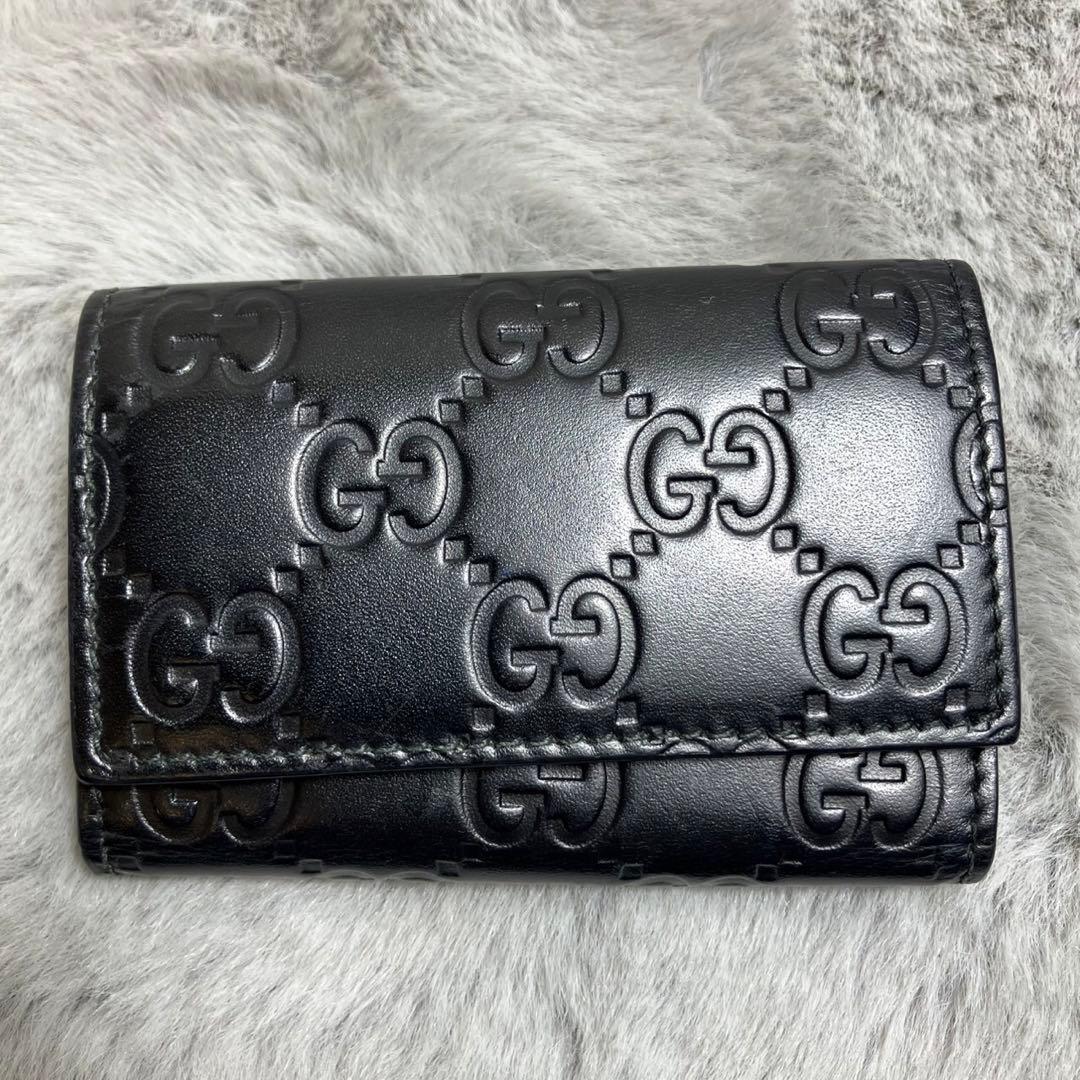 GUCCI グッチ　GG レザー　キーケース　6連　シルバー金具　ブラック　黒
