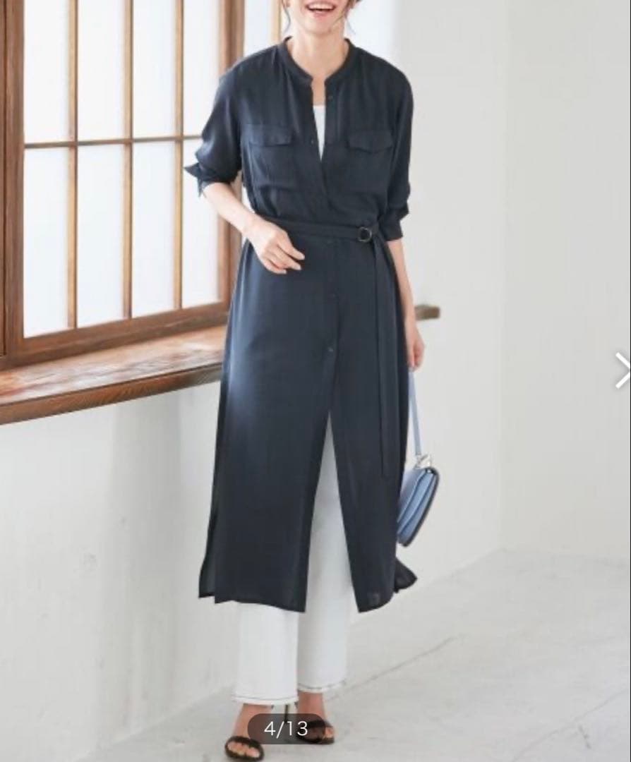 ICB ロングシャツ ワンピース ノーカラーネイビー 羽織り 新品