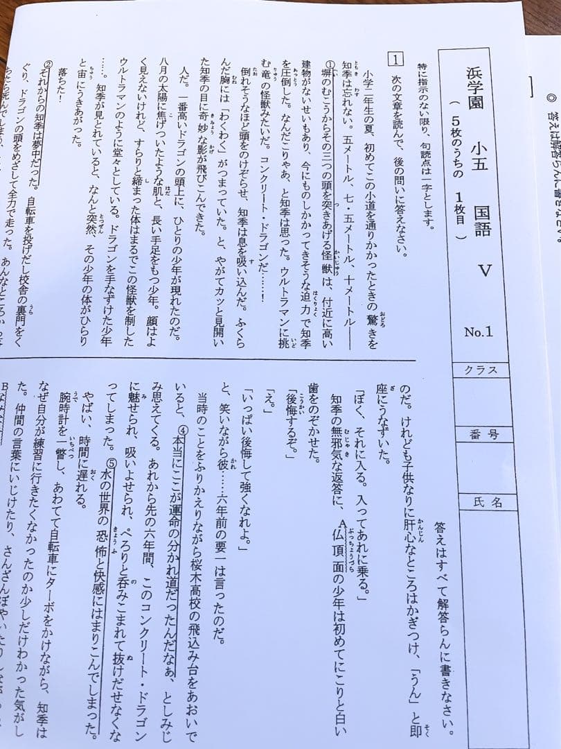 浜学園　小5 2023年度　3科目　解答用紙付き　Vクラス　復習テスト 国算理