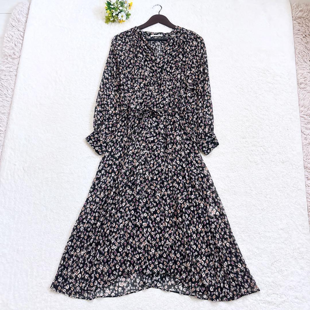 美品 HOUSE OF LOTUS 花柄ロングワンピース ドットフラワー 黒 S