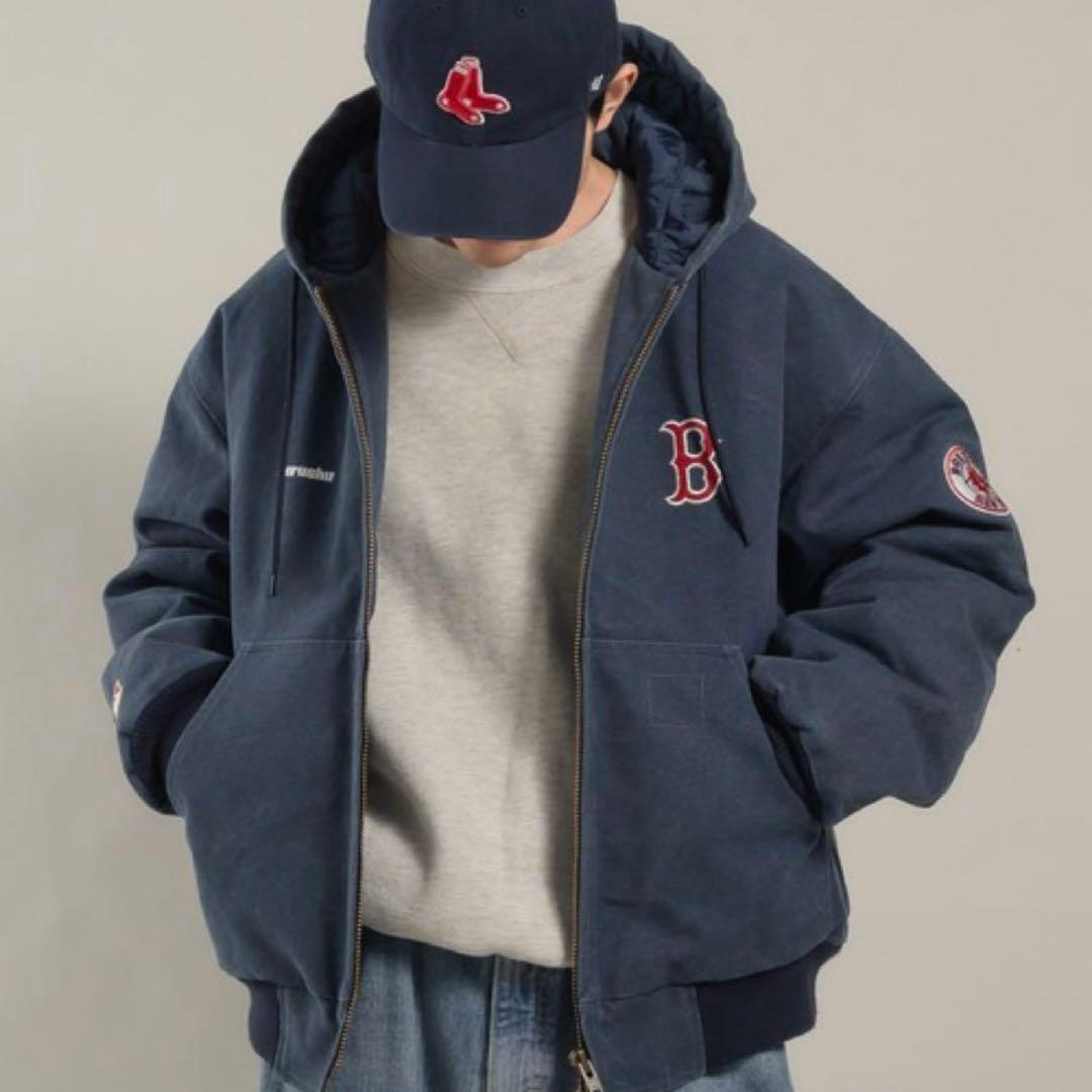 Perushu × MLB コラボ中綿キルティングダックフードブルゾン